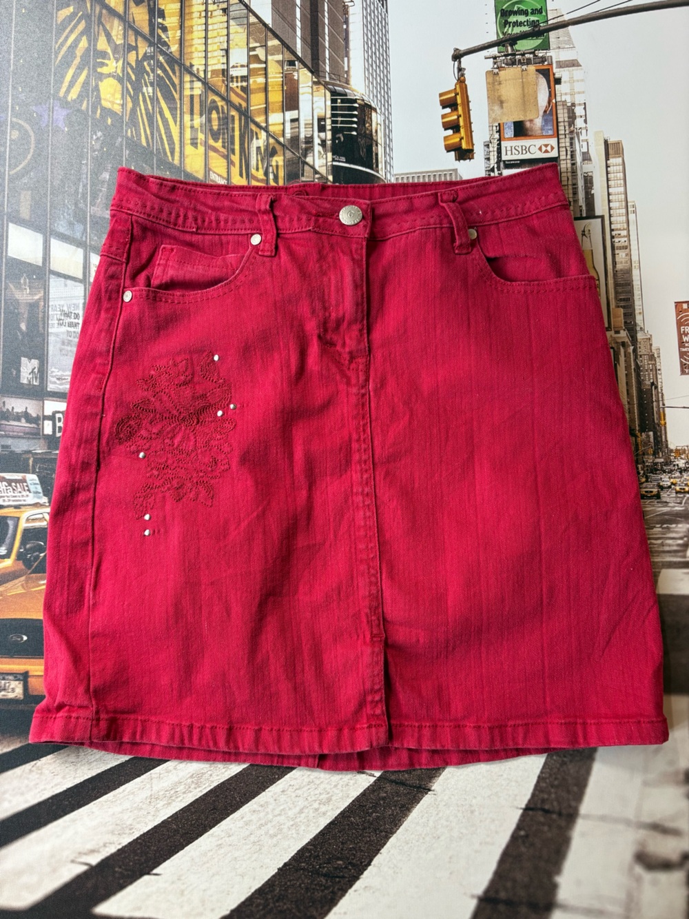 Vintage Embellished Studded Red Denim Skirt